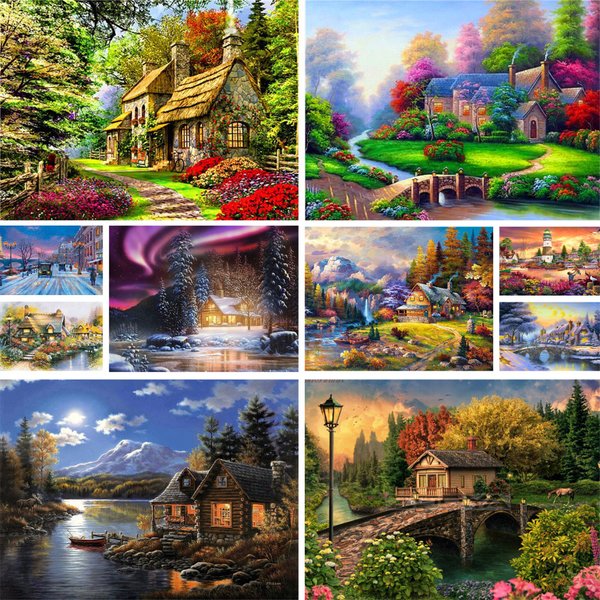 Toile imprimée paysage maison de campagne, ensemble de broderie au point de croix, couture à gros lework, fil fait main, vente en gros