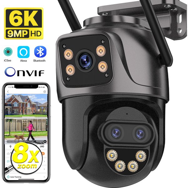 Caméra IP 6K 9MP HD WiFi Extérieure, Zoom 8x, Trois Objectifs, Double Écran, Caméra de Sécurité Domestique PTZ, Vidéosurveillance 6MP ICSee