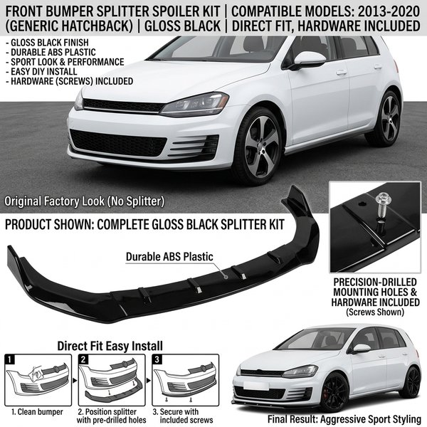 For VW Golf MK7 MK7.5 Front Splitter Spoiler Lip Body Kit R GTD GTI TSI TDI 2013-2020 Gloss Black Front Bumper Lip Splitter Chin Spoiler Diffuser ABS Plastic Durable Direct Fit Easy Install Car