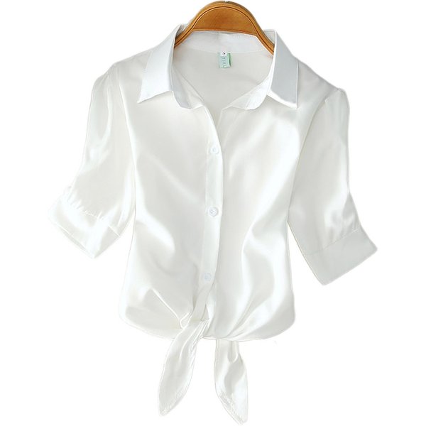 Chemisier blanc décontracté, vêtements d'été pour femmes, élégant, bouton solide, chemise à manches courtes, mode, ceinture à nœud, taille, bureau, hauts pour dames, 19870