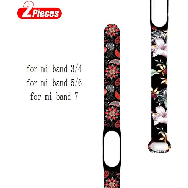 2PCS For Mi Band Strap Silicone Flowers Printing Pattern Blet For Mi Band 3 4 5 6 Watch Band Bracelet Sports Fitness Wrist