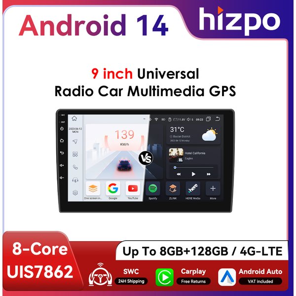 Autoradio Android universel Hizpo 2Din 9 pouces, lecteur multimédia intelligent, CarPlay sans fil, RDS, DSP, navigation GPS, 4G WiFi, Bluetooth, UIS7862 Snapdragon 6115.