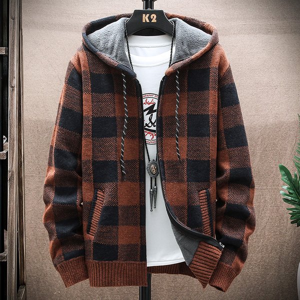 Men's New Winter Plaid Sweater Hooded Cardigan Cold Coat Wool Zipper Jacket Autumn Fleece Warm Clothes Checkered Knit Jumper