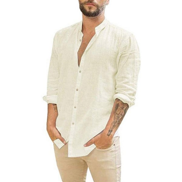 Chemises à manches longues pour hommes, en coton et lin, couleur unie, col montant, décontracté, Style de plage, grande taille, offre spéciale, été