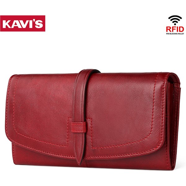 Portefeuille long classique en cuir véritable pour femme, porte-monnaie avec fermeture éclair, pochette bloquant RFID, porte-cartes pour femme