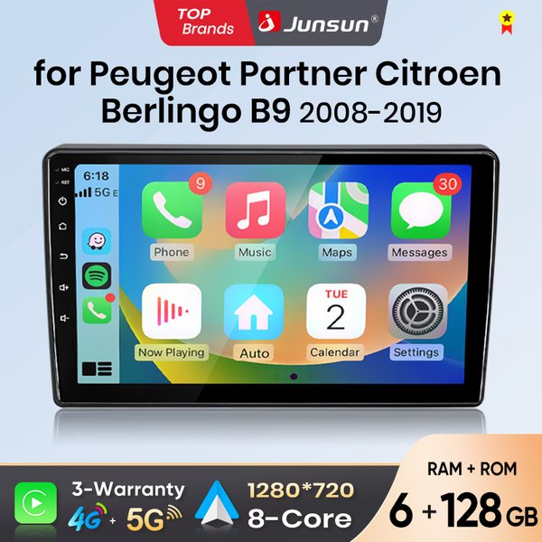 Junsun Android Auto Autoradio für Citroen Berlingo B9 Peugeot Partner 2008 2009-2019 Multimedia Wireless Apple CarPlay Intelligente Systeme IPS Touchscreen Stereo Video Player 2 Din Autoradio Head
