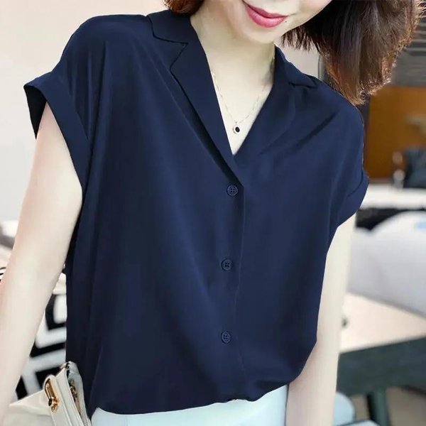 Chemisier simple en mousseline de soie pour femme, haut simple, couleur unie, ample, manches courtes, mode décontractée, nouvelle collection été 2023