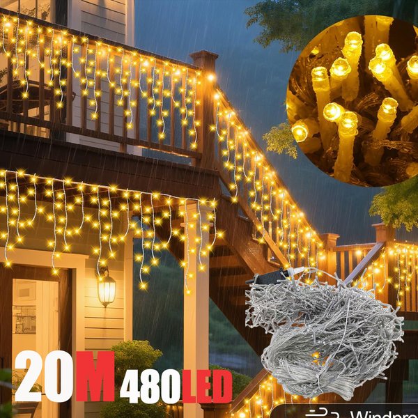 Guirlande lumineuse rideau de glaçons de noël LED, 20M + 10M, 480LED, extension 8Modes, prise étanche pour fête de mariage, maison, jardin