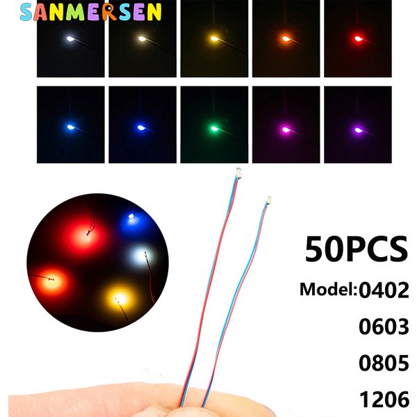 50 teile/beutel 0402 0603 0805 1206 SMD Lampe Wired Micro Litz Led Vorgelötet Chip Wired 30 cm 3 V DIY Eisenbahn Modelle Szenen Spielzeug Licht