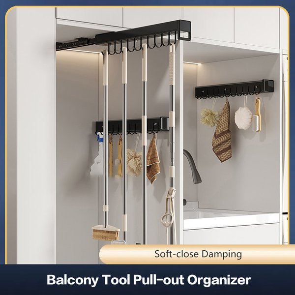 Support de rangement multifonctionnel coulissant télescopique avec crochets pour armoire, balcon, outils, balais et serpillères