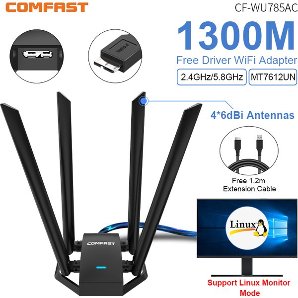 Comfast-Adaptateur WiFi sans fil, carte réseau USB 1300G et 5GHz, gain élevé, antenne 4 * 6dbi, réception WiFi Linux de bureau, 2.4 Mbps