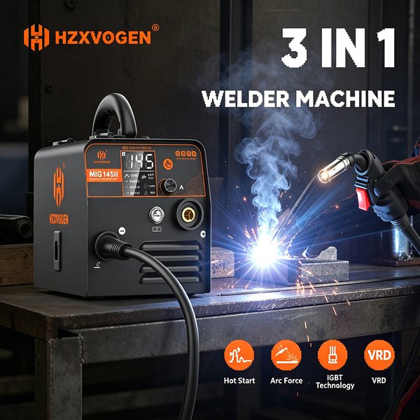 HZXVOGEN MIG145 Gasloser MIG-Schweißer 220V 3-in-1 Stick MMA ARC Flux Core MIG Lift TIG IGBT Inverter Hot Start Arc Force Anti-Stick VRD LED-Bildschirm Tragbare Heim-Schweißmaschine für 2lb 0,8/1,0mm