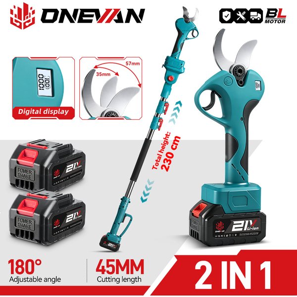 ONEVAN 45MM Bürstenlose Teleskopstange Elektrische Astschere 2 IN 1 Hochleistungs-Gartengerät für 21V 18V Akku