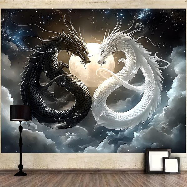 VIKAMA Yin-Yang-Doppeldrachen-Wandteppich, schwarz-weißer Sternenhimmel-Wandteppich, majestätische Stern- und Mondkunst, Raumdekoration