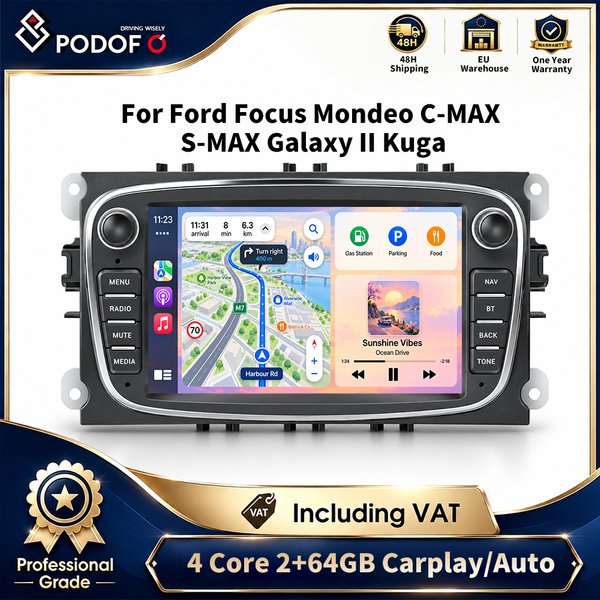 Podofo – samochodowe radio z systemem Android, podwójny format DIN, 7-calowy ekran dotykowy, 2 GB pamięci RAM + 64 GB pamięci wewnętrznej, nawigacja GPS, Wi-Fi, Bluetooth, FM, RDS, odtwarzacz muzyki
