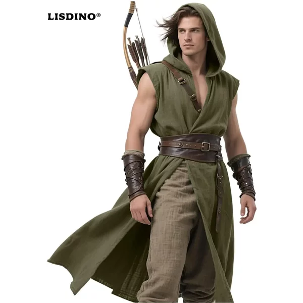 Mittelalterlicher Wappenrock mit Kapuze für Herren, Renaissance-Wappenrock, ärmellos, Tunika, Umhang, Wikinger-Kostüm, Holloween, Assassin, Cosplay