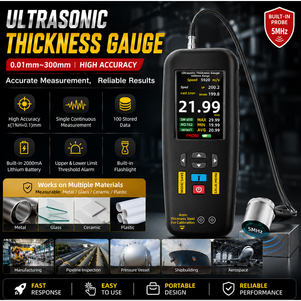 BSIDE T7 Ultraschall-Dickenmessgerät 0-300mm Messbereich Digitales Dickenmessgerät für Metall, Glas, Keramik, Harz, Stahl, Aluminium, Kupfer, Rohre, Tanks, Bootsrümpfe, Wanddickenmessung mit