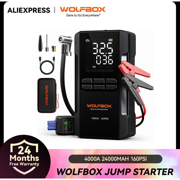 WOLFBOX JS24AIR 4000A Jump Starter 24000mAh 160PSI Air Compressor 12V Car Battery Booster (10L Gas/10L Diesel) Jump Box LED