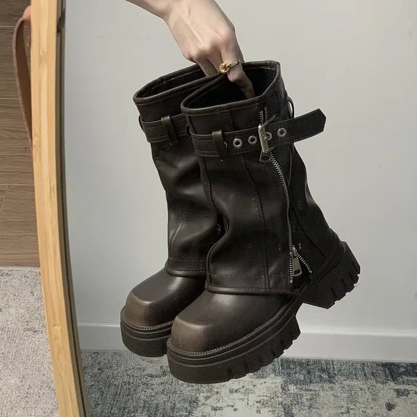 Winter Frauen Biker Stiefel Mode Gürtel Schnalle Damen Elegante Plattform Wohnungen Kurze Booties Casual frauen Ritter Booties