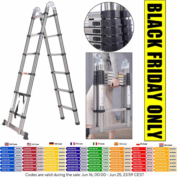 DayPlus – échelle télescopique pliante en acier de 12.5 pieds, 1.9M + 1.9M, cadre en A polyvalent, échelle de Loft robuste avec stabilisateur, outil domestique