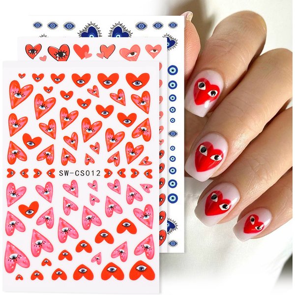 3 teile/satz 3D Herz Nagel Design Blau Rot Evil Eye Nail art Dekoration Aufkleber Drücken Sie auf Nägel Valentine Aufkleber maniküre Zubehör