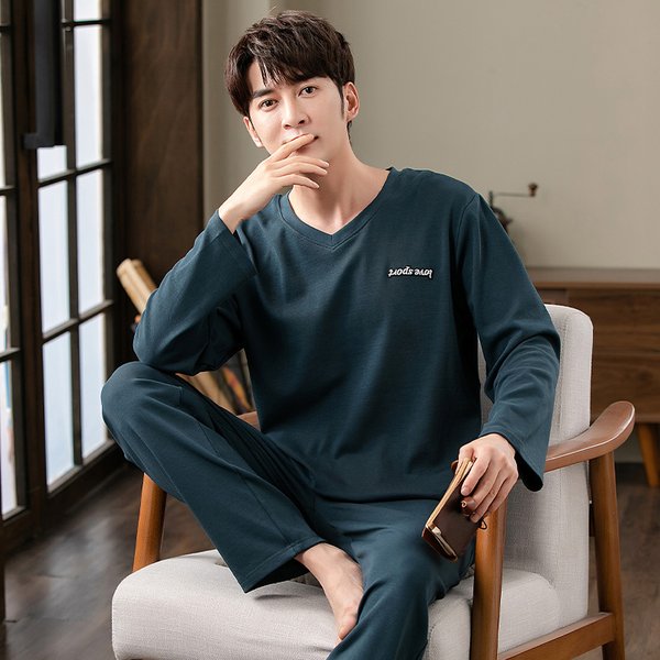 Männer V-ausschnitt Baumwolle Pyjama Set Herbst Langarm Tops + Lange Hosen Nachtwäsche Hause Tragen Anzüge Einfache Mode Nachtwäsche für Männer