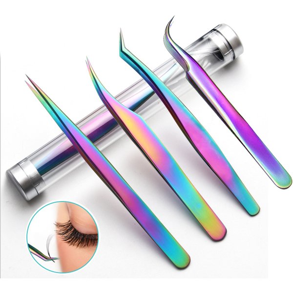Regenbogen-Wimpern-Pinzette, antistatische Wimpernverlängerungspinzette, Fächer-Wimpern-Augenbrauenpinzette, gebogen, gerade, ausgezeichneter Verschluss