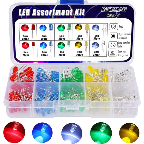 3mm/5mm LED Diode Lights Emitting Assortment Kit White Green Red Blue Yellow Orange