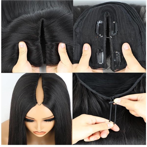 Perruques de cheveux humains vierges brésiliens lisses pour femmes noires, perruque en V sans laisser de cheveux à l'extérieur, version améliorée en U