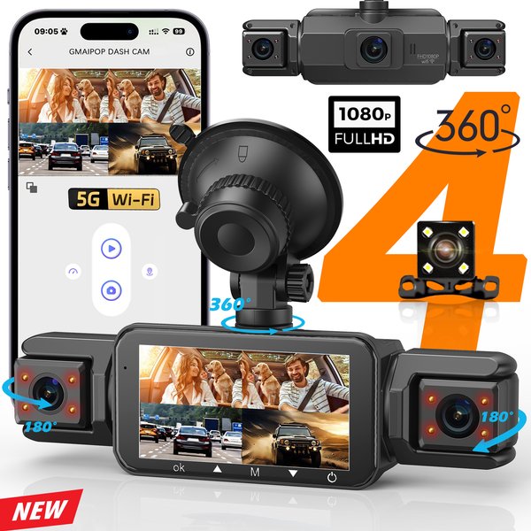 Dashcam für Autos 4-Kanal Blackbox WLAN-Fahrtkamera FHD 1080P Nachtsicht Endlosaufzeichnung mit Hardwire-Kit Auto-Zubehör