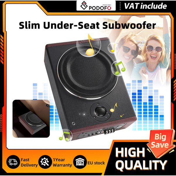 Podofo 8-calowy cienki aktywny subwoofer samochodowy, kompaktowy subwoofer montowany pod siedzeniem, z wbudowanym wzmacniaczem i głośnikiem, z kablem audio.