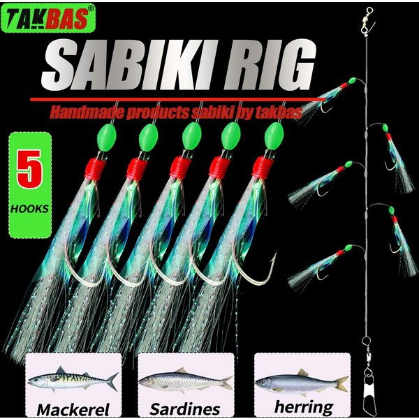 TAKBAS Sabiki Fish Hook, 1/2/4/6 Pack, White, High Carbon Steel, with Glow-in-the-Dark Treble Hooks, for Salmon, Mackerel,