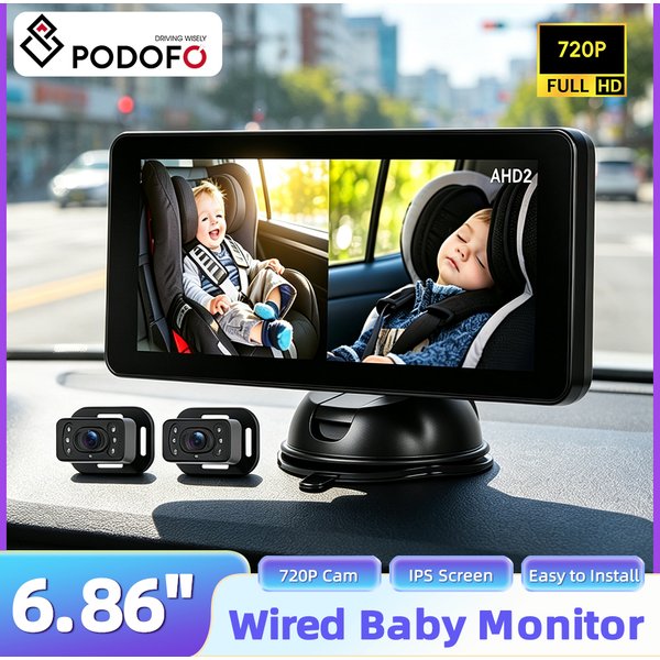 Podofo 2 Camera Rear View Monitor 6.86 'IPS Screen Headrest Baby Car Mirror Wide View Angle for Infants Kids Pets Night Vision