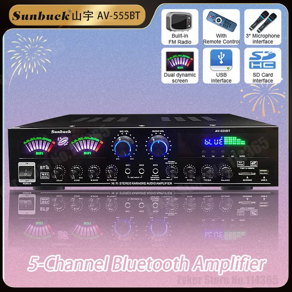 Wzmacniacz dźwięku z dynamicznym ekranem 110/220V 555BT, wzmacniacz cyfrowy Bluetooth HiFi Stereo 298BT do domu, samochodu, karaoke, kina, maks. 2500W