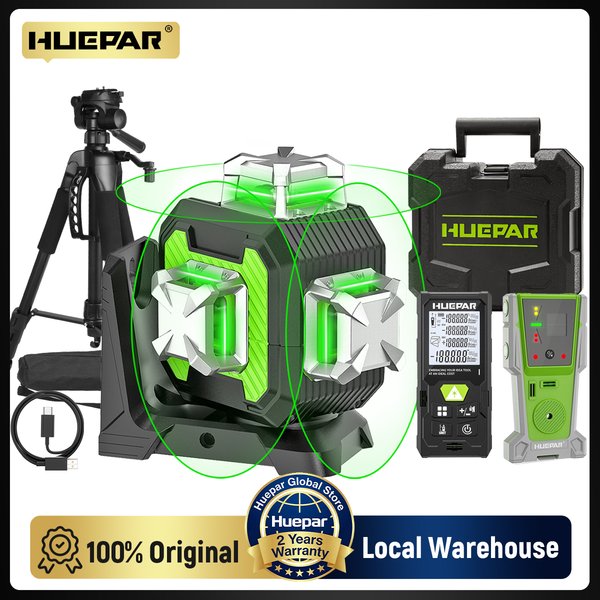 Niveau laser Huepar 12 lignes, faisceau vert, auto-nivelant, lignes croisées, outil laser avec étui rigide ou détecteur, trépied, télémètre SE13CG