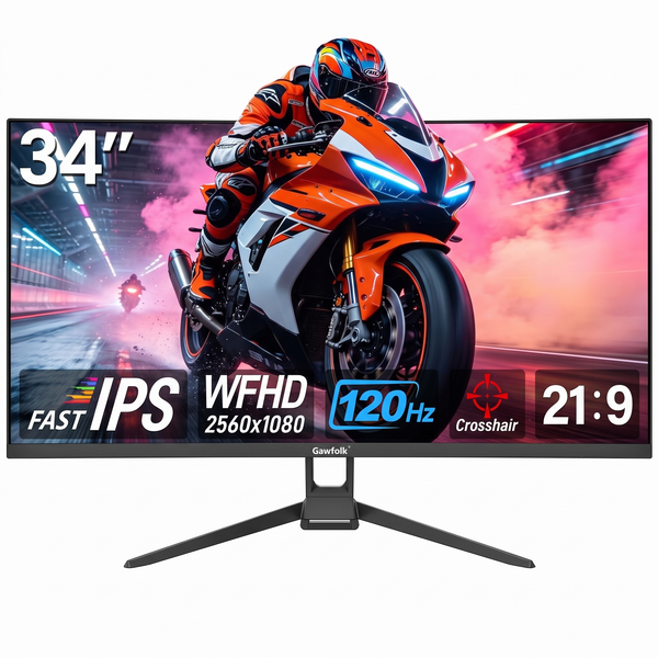 Gawfolk 34 Zoll Flacher Ultrabreiter Gaming-Monitor, 21:9 120Hz IPS 2560x1080, Adaptive Sync, Anti-Blau-Licht, Dual HDMI DP, Neigungsverstellbar