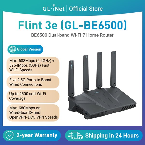GL.iNet GL-BE6500 (Flint 3e) Routeur domestique Wi-Fi 7 double bande 5 ports 2,5 G Robles capacités VPN et commandes parentaires