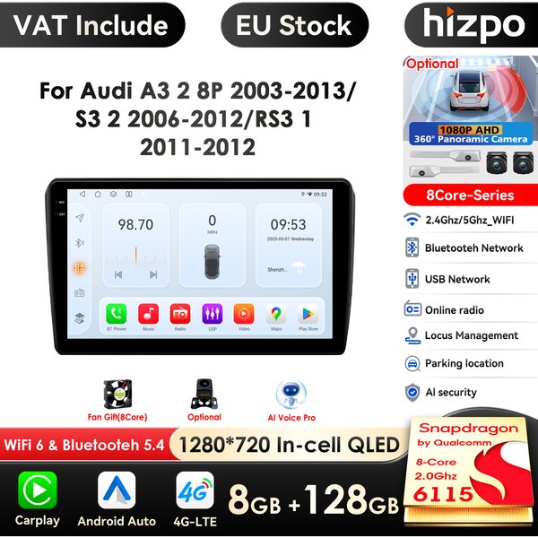 64G 4G-LTE Carplay AutoRadio 2 Din Android 14 Autoradio mit Bildschirm GPS für Audi RS3 Sportback A3 8P S3 2003-2012 Multimedia BT