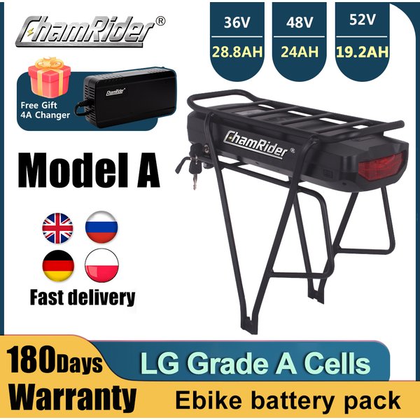 ChamRider 48V Gepäckträgerbatterie 36V Ebike 52V Lithium Leistungsstarkes Elektrofahrrad BaFang 500W 1000W 24AH 50A BMS 21700 Zellen