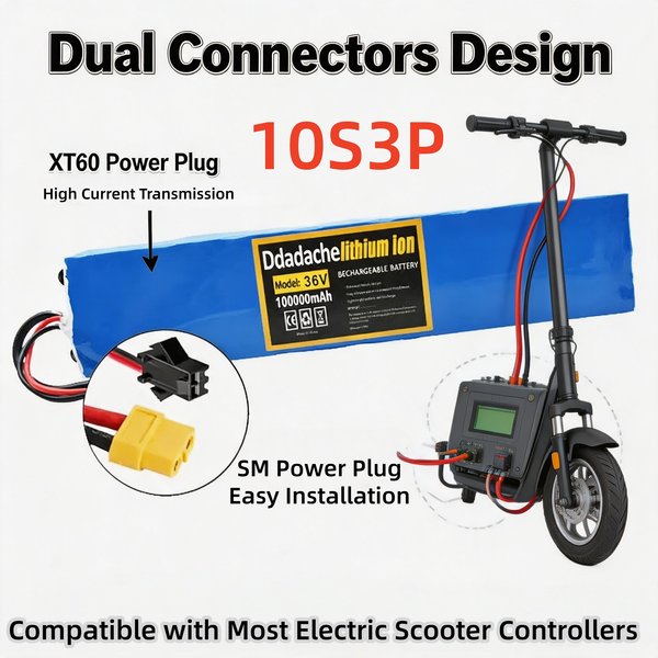 36V 100000mAh 10S3P Lithium-Ionen-Akkupack 100000mAh mit integriertem BMS XT60+SM Anschluss Wiederaufladbarer Akku für Elektroroller E-Bike