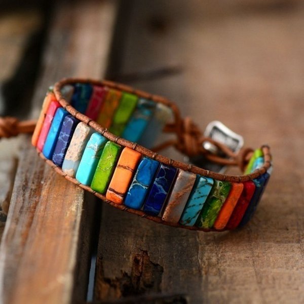 Neue Ethnische Stil Mehrfarbige Natürliche Edelstein Leder Armbänder Tibetischen Gypsy Perlen Einstellbare Armband für Frauen Männer Party Schmuck