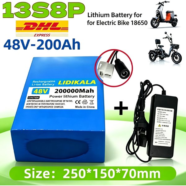 Brandneuer, originaler 48V 200Ah 13S8P Lithium-Ionen-Akku, 48V 200.000 mAh, geeignet für Elektroroller; dieser Akku verfügt über ein integriertes 50A BMS und ein 54,6V-2A-Ladegerät.