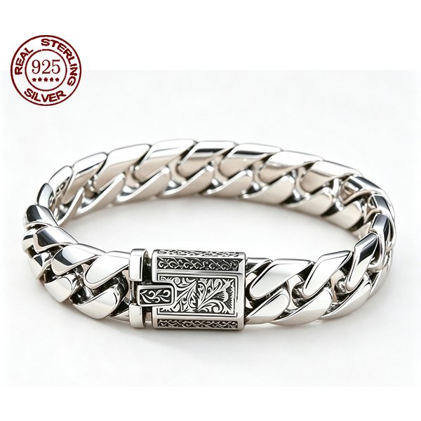 S925 Sterling Silber Schweres Massives Glattes Kubanisches Armband für Männer, Hochglanzpolierte Panzerkette mit Antik Graviertem Verschluss, Luxus-Schmuckgeschenk