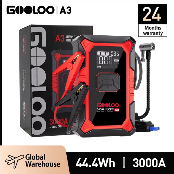 GOOLOO A3 Starthilfe mit Luftkompressor, 3000 A tragbarer Autobatterie-Booster (9,0 Gas/6,5 l Diesel) mit 150 PSI Auto-Shutoff Ti