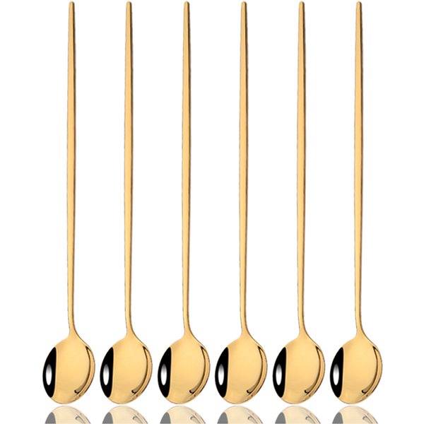 Cuillère à café remuant, ensemble de couverts, jus, cuillères à thé en or, vaisselle, crème glacée, cuillère à Long manche, vaisselle, outils de cuisine 6 pièces