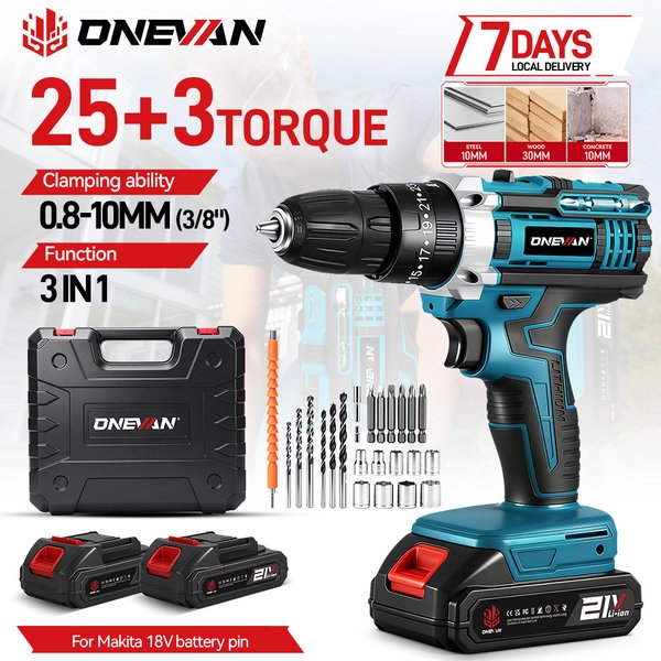 ONEVAN 25+3 Drehmoment Elektrischer Schlagbohrer Kabellos Tragbar 2-Gang-Schraubendreher Holzbearbeitungs-Elektrowerkzeug für Makita 18V Akku