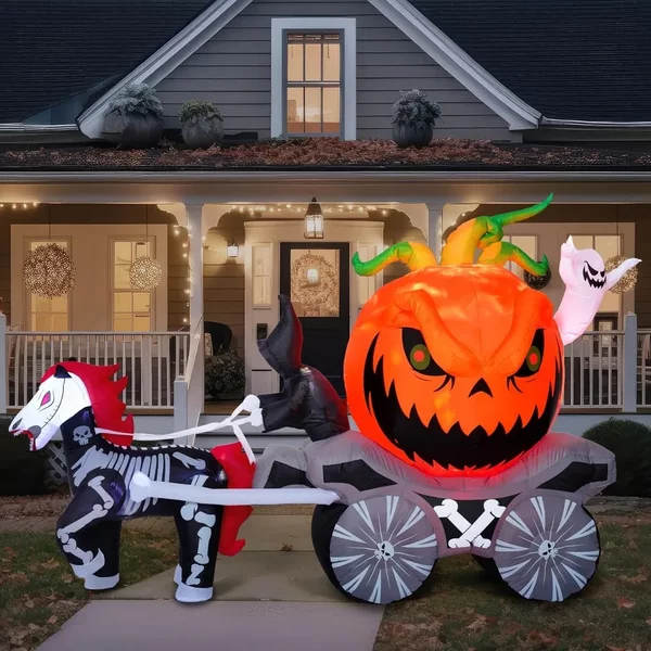Carrosse de citrouille gonflable de 2,4 mètres de long, décorations d’extérieur pour Halloween, carrosse de citrouille gonflable avec LED intégrées, idéal pour le jardin, les décorations de fête