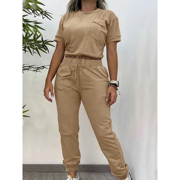 Damen Cargo Zweiteiler Set Kurzarm O-Ausschnitt T-Shirt Top Hochgeschnittene Jogginghose mit Elastischem Kordelzug Trainingsanzug Outfit