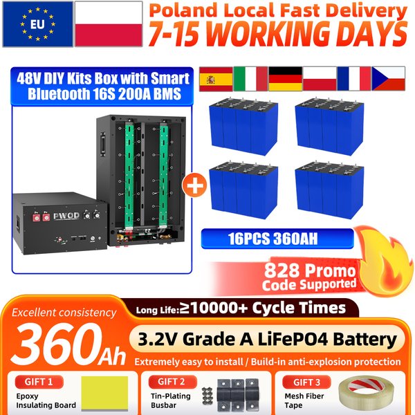 Akumulator Lifepo4 360Ah 3.2V, 10000 cykli, pryzmatyczna ogniwo LFP z możliwością ładowania, zestaw DIY 48V z obudową, z aktywnym balanserem 2A, BMS 16S 200A, maks. 16 sztuk w równoległym połączeniu,