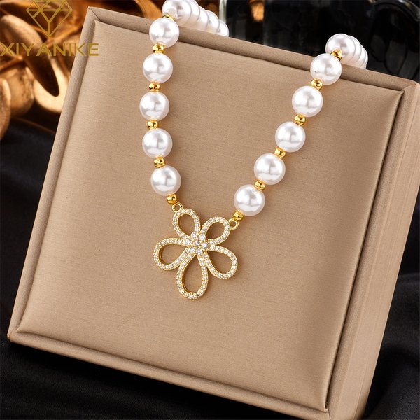 316L Stainless Steel Necklace for Women Pearl Gold Color Hollow Flowers Pendant Charming Exquisite Chic Jewelry Gifts